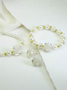 4pcs/Set Faux Pearl With Flower Decor Necklace, Bracelet, Earrings Jewelry Set, Elegant Vintage Style Suitable For Daily Wear, Commute, Outdoor, Party, Ideal For Graceful Ladies - Gold - View 2