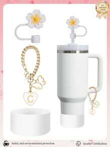 3pcs Accessories Designed For 30-40oz Cups, Pink Letter Cup Marker & Silicone Hibiscus Flower Straw Caps, , Reusable Straw Caps For 10mm Large Diameter Straws, Cute LetterStanley AccessorySelf-Adhesive Chenille Letter,Cup Accessories.Compatible With Stanley Backto School /Beach Essentials