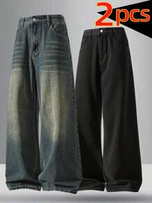 2pcs/Set Men Wide Leg Jeans, Vintage Distressed Blue Relaxed Straight Leg Casual Jeans, Black Retro Street Style Denim Pants, Great Gift For Husband Or Boyfriend