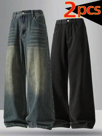 2 件套男士阔腿牛仔裤，复古做旧蓝色宽松直筒休闲牛仔裤，黑色复古街头风格牛仔裤，送给丈夫或男朋友的绝佳礼物