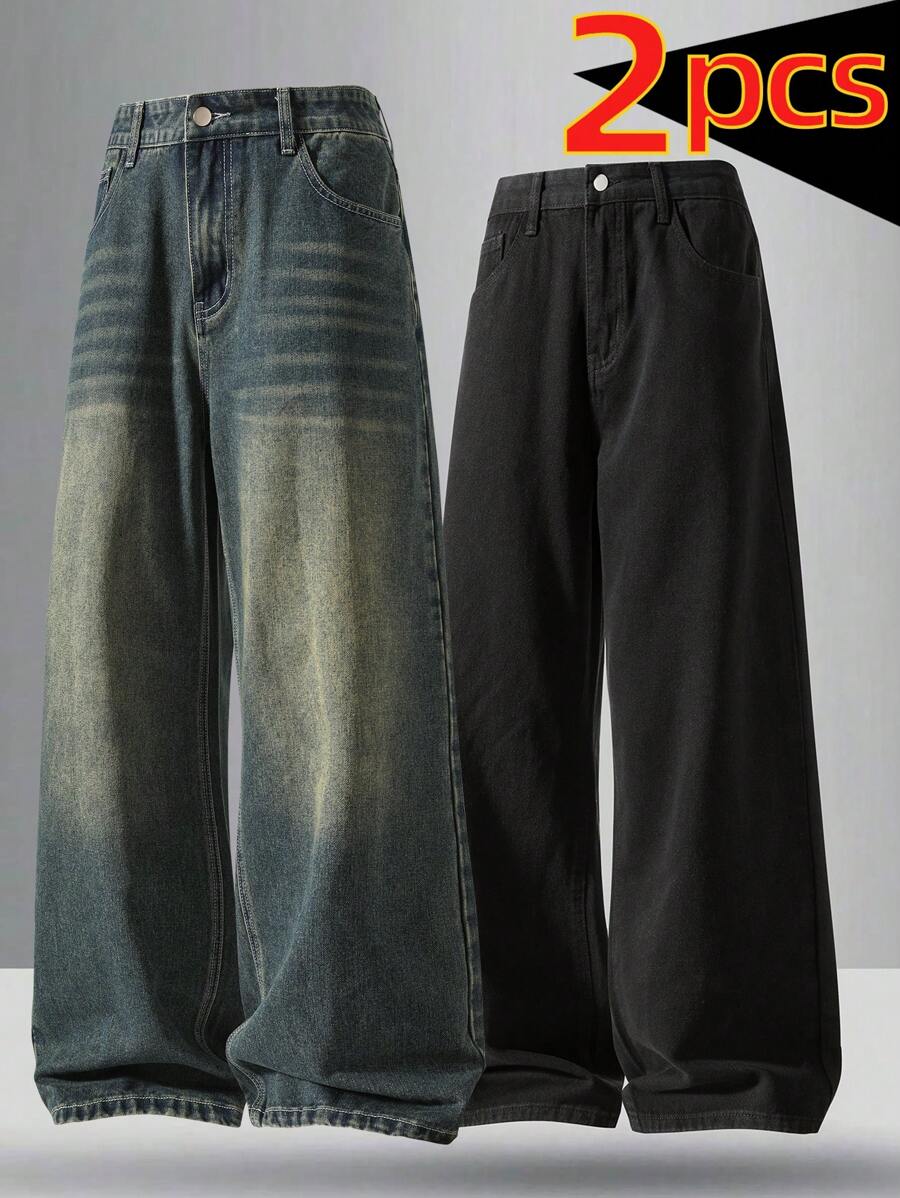 2pcs/Set Men Wide Leg Jeans, Vintage Distressed Blue Relaxed Straight Leg Casual Jeans, Black Retro Street Style Denim Pants, Great Gift For Husband Or Boyfriend