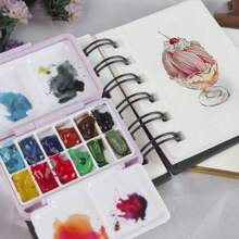 1 pieza Caja portátil de plástico de 12 colores para pintura de acuarela de viaje, estuche de almacenamiento de pintura mini, apto para materiales de arte