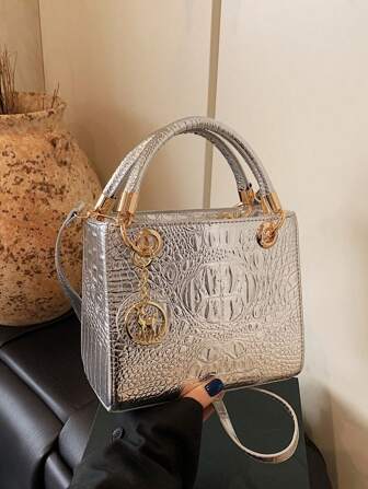 Stor damhandväska, trendig krokodilpräglad silverväska med justerbar axelrem, bästa mors dag-presenter för kvinnor