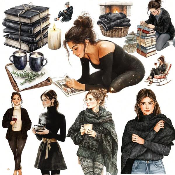 1 Pack Retro Black Style Girl Reading, Drinking Tea, Writing Diary Stickers For DIY Journal, Scrapbook, Notebook