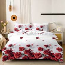 3pcs Set Rose Floral Printed Duvet Cover (1 Duvet Cover + 2 Pillow Shams, Without Filler), Soft Lightweight & Comfortable, Suitable For All Seasons, Machine Washable - Red and White - View 3