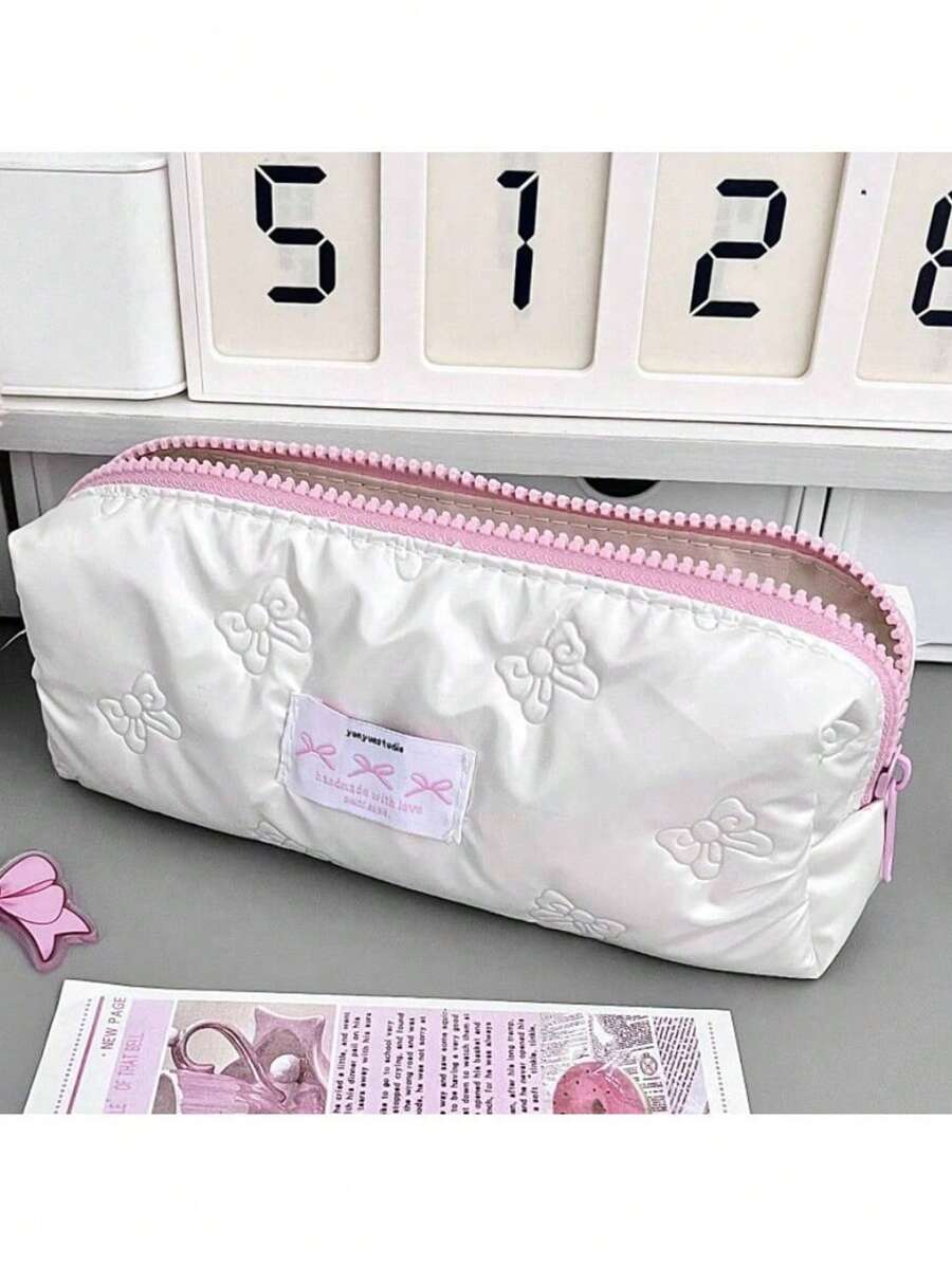 1pc New Korean Style Bow Decor Pencil Case, Ins Popular High Quality Girl Collection Bag, Large Capacity Student Stationery/Cosmetic Pouch