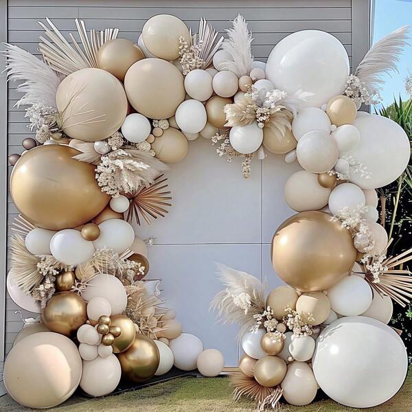 123 Bohemian Style Balloon Wreath Set - White Sand, Beige, Gold, And Nude Balloons, Suitable For Bridal Showers, Weddings, Engagements, Birthday Decorations And Backgrounds, Party Decorations