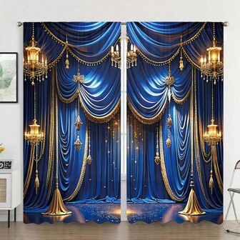 2pcs/Set Elegant Luxurious Royal Blue Palace Art Style Curtain, Pocket Rod Installation, Digital Printing Semi-Transparent Curtain, Polyester Material, Suitable For Living Room, Bedroom, Study, Dining Room, Home Decor