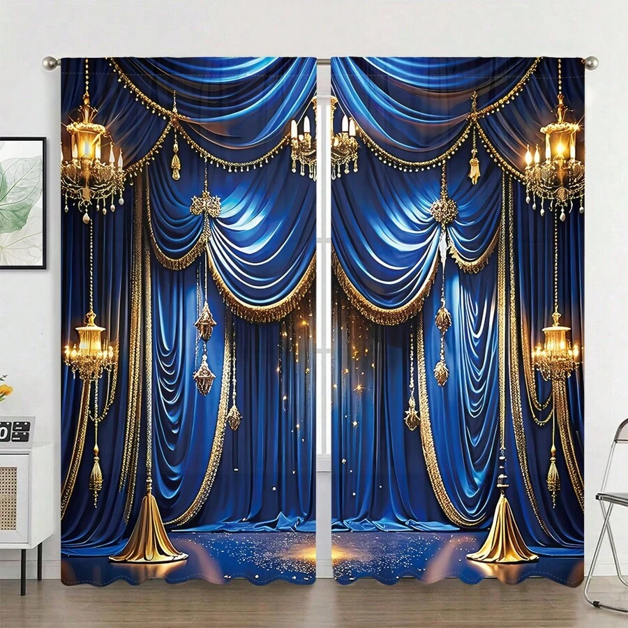 Set de 2 cortinas de estilo artístico real y elegante de color azul real, con instalación de barra de bolsillo, impresión digital semi-transparente, material de poliéster, adecuado para sala de estar, dormitorio, estudio, comedor, decoración del hogar - azul real - Ver 1