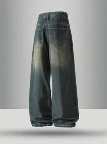 2pcs/Set Men Wide Leg Jeans, Vintage Distressed Blue Relaxed Straight Leg Casual Jeans, Black Retro Street Style Denim Pants, Great Gift For Husband Or Boyfriend