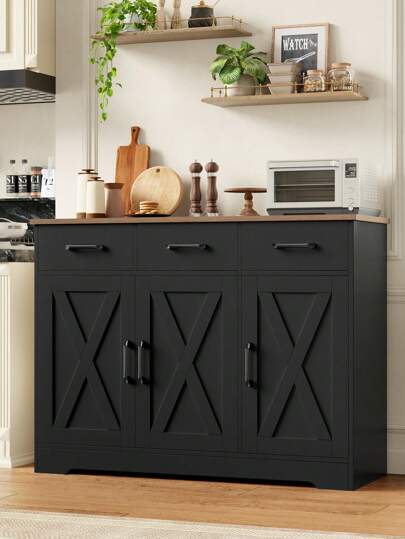 Sideboard, Kitchen Cabinet With 3 Drawers And 3 Doors, Wooden Storage Cupboard Cabinet For Kitchen, Living Room, Dining Room, Hallway, White & Brown
