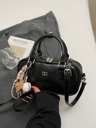 Large Capacity Soft Leather Boston Shoulder Handbag With Plush Doll Charm, Women's Commuter Tote Bag, Suitable For All Seasons