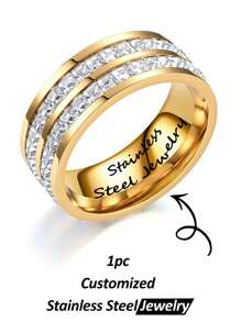 Custom Titanium Steel Full Of Synthetic Oxide Cubic Zirconium Rings, Couple Rings, Men's And Women's Wedding Rings, Girly Ring Jewelry, Suitable For Women's Daily Wear, Personalized Custom Engraving, Name, Date, Anniversary, Stainless Steel Custom Text, Unique And Ideal Gifts - Multicolor - View 8