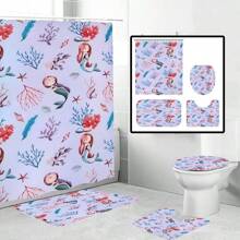 1 套印有美人鱼、海马和海洋元素的防水浴帘，配有 12 个挂钩，可洗涤纶面料浴垫和马桶垫，适用于浴室装饰和家居装饰母亲节鲜花，送给妈妈的个性化礼物，最后一分钟的礼物，母亲节创意，母亲节礼物，送给妈妈的手工卡片，50 美元以下的最佳母亲节礼物