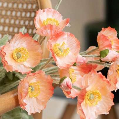 2 朵罂粟花、人造花、家居装饰、丝绸花、毛绒花杆、人造花饰品、花束、派对装饰、婚礼装饰、餐厅桌、人造花、带线树枝、可折叠、家居装饰品、开斋节、房间装饰