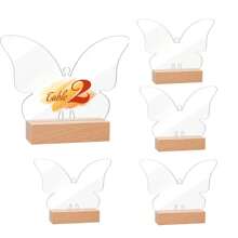5 套亚克力标牌空白板带木质支架透明蝴蝶亚克力座位卡木质卡片支架套装适用于婚礼派对餐厅 - 透明 - 查看 1