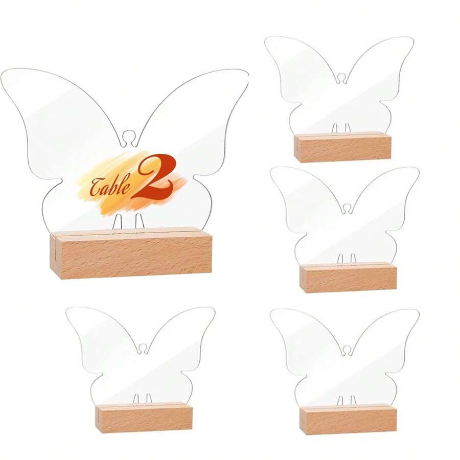 5 套亚克力标牌空白板带木质支架透明蝴蝶亚克力座位卡木质卡片支架套装适用于婚礼派对餐厅 - 透明 - 查看 1
