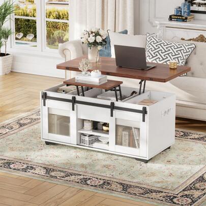 AYYDS Height Adjustable Coffee Table With Base, Convertible Coffee Table Into Dining Table For Living Room, 3 In 1 Multifunctional Living Room Table With Hidden Storage And Open Compartment, Easy Lifting