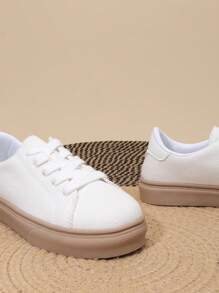 1 Pair PU Leather Upper Lace-Up Classic Student Shoes For Boys & Girls, Thick Anti-Slip Soft Bottom Casual Sneakers, Suitable For All Seasons