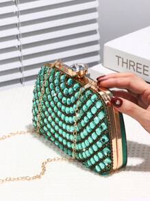 女士手拿包，带大颗水钻，适合婚礼、派对、舞会、生日礼物，可装手机和化妆品，容量大 - 綠色 - 查看 6