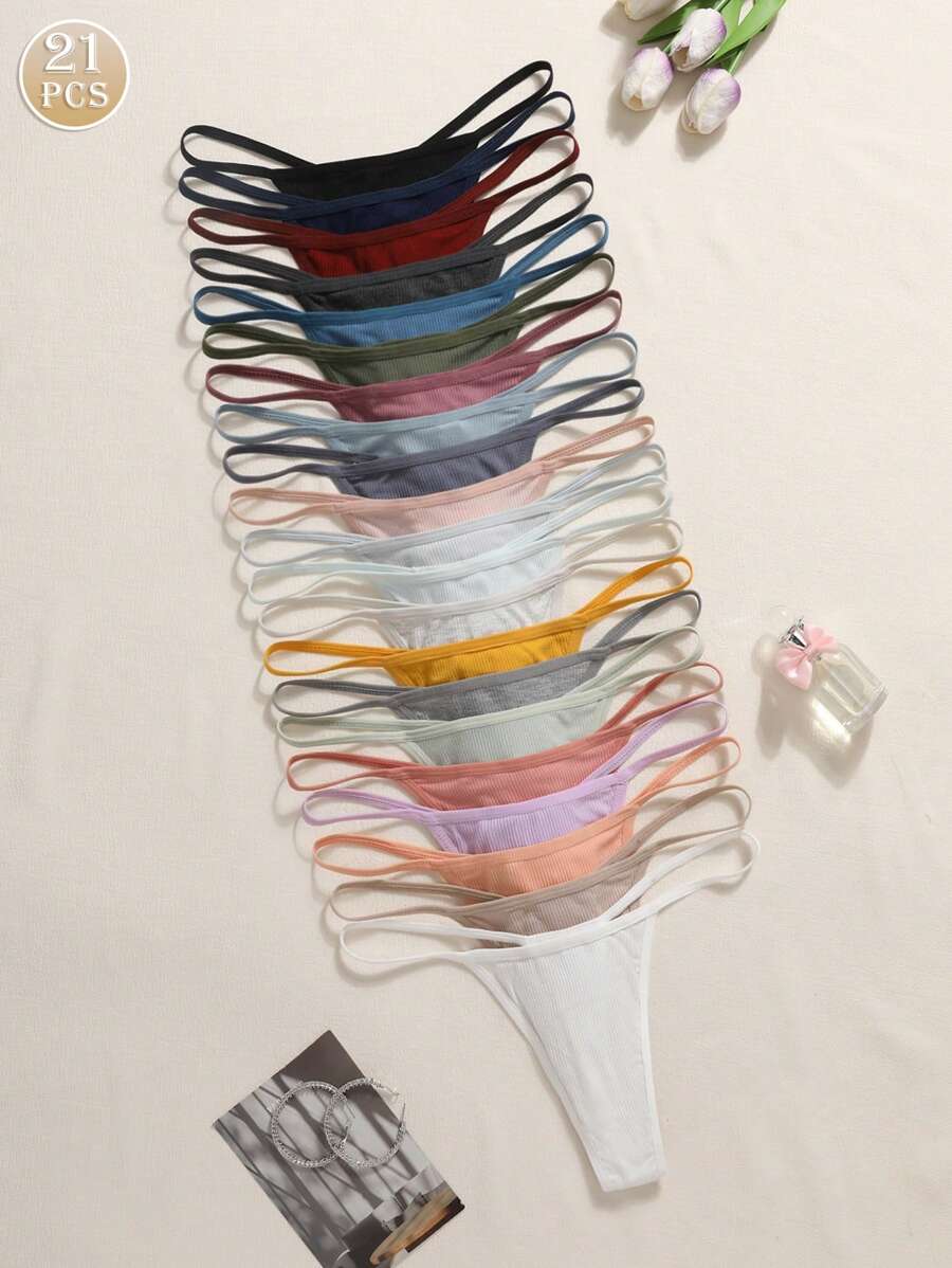 21pcs Ribbed & Ribbed Thong Panties For Women, Multi-Color