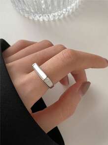 1 pieza Anillo de mujer rectangular liso de acero inoxidable de moda - Plateado - Ver 3