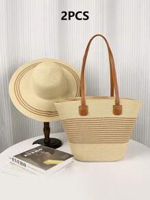 Set de 2 piezas para mujer de sombrero de paja estilo rayado y bolso tipo tote para viajes y uso al aire libre. Sombrero de ala ancha de protección UV para el verano y bolso de hombro espacioso