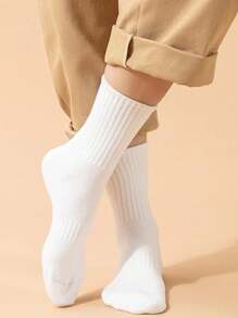 5 Pairs Men's Crew Socks, Suitable For Daily Wear, Fall - White - View 3