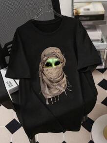 Plus Size Heren Letter & Figure Grafische Print Ronde Hals Casual Losse T-shirt