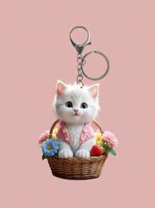 1 pieza Llavero de acrílico decorativo con diseño de gato y flor en estilo casual y adorable, accesorio encantador para mochila, colgar en el auto, accesorios de auto para todas las temporadas, bolso, regalo