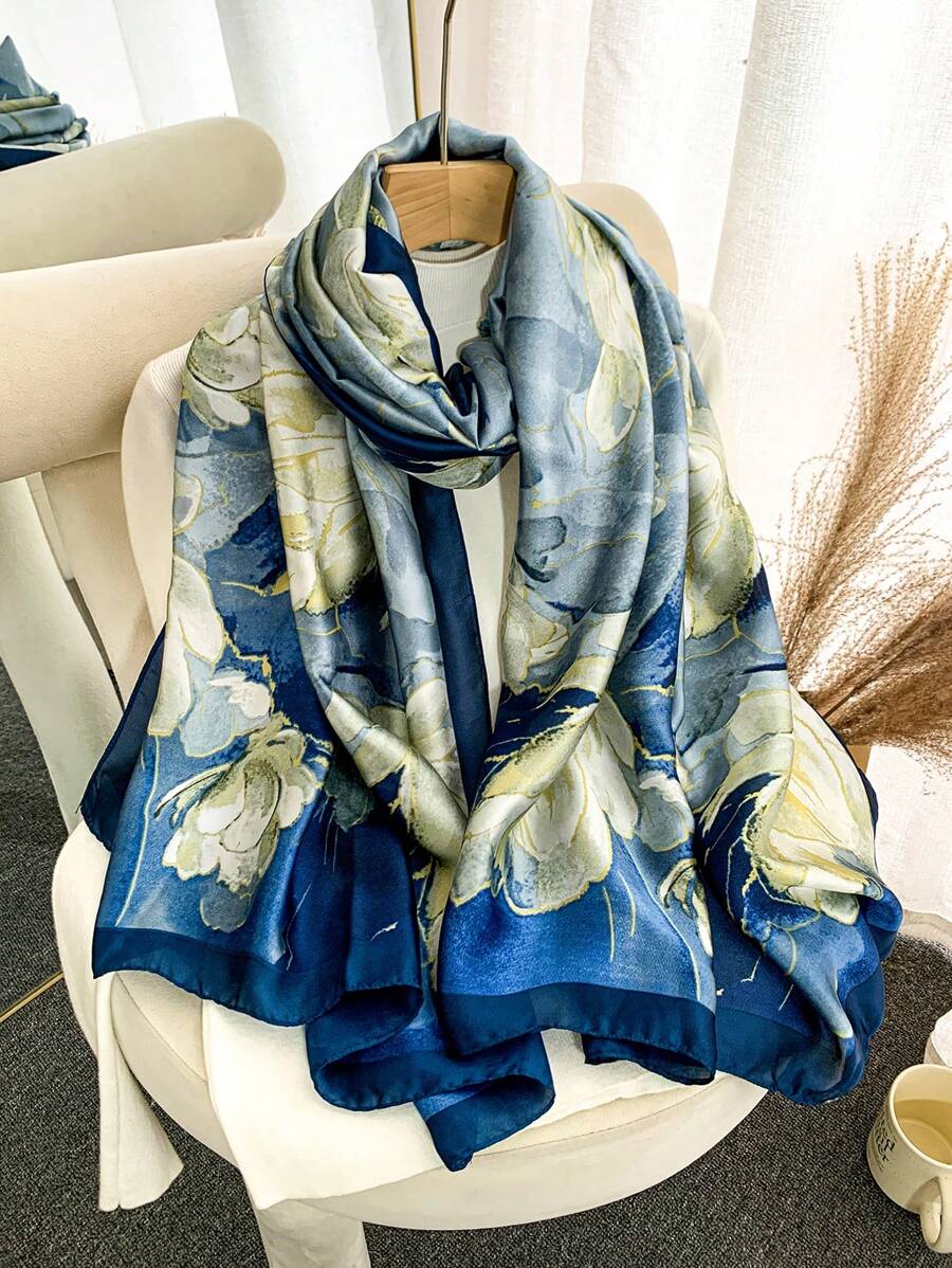 1pc Spring/Summer New Faux Silk Satin Printed Scarf/Hijab/Cover-Up, Suitable For Everyday Use