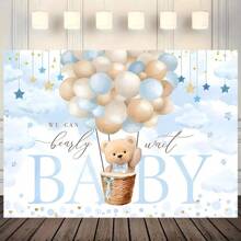 1pc Bear Balloon Shower Background Banner, We Can Wait, Polyester Material, Blue Balloon, Nebula And Teddy Bear Design, Suitable For Birthday Parties, Cake Table Decoration And Photo Booth Props, Shower Decoration Background, - Multicolor - View 3
