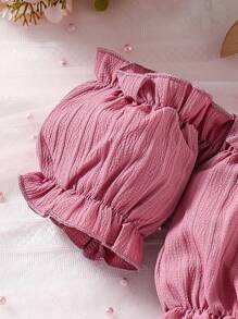 2 件套年轻女孩度假荷叶边泡泡袖上衣 + 高腰荷叶边下摆裙，甜美迷人，适合度假、旅行、海滩派对，适合 4-7 岁，春夏