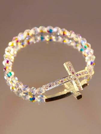 1 pieza/Pulsera de cruz horizontal de cristal y strass, pulsera de oración religiosa para mujer, joyería de cristal falso para descompresión