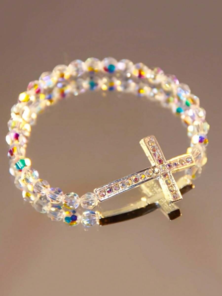 1 pieza/Pulsera de cruz horizontal con cristal y rhinestone, pulsera de oración religiosa de mujer, joyería de descompresión de cristal falso