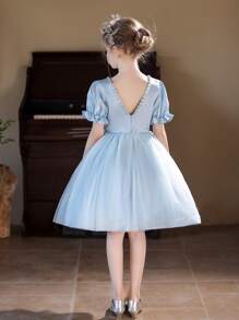 Girls' Light Blue Backless Bow Tulle Party Dress, Wedding Flower Girl Dress - Blue - View 8