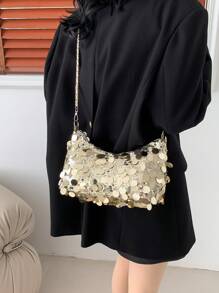 1 chiếc túi xách tay đính sequin có khóa kéo, kiểu dáng mùa hè mới, túi đeo vai dự tiệc/buổi tối dung tích lớn, túi đeo vai thời trang có dây xích, phù hợp cho phụ nữ đi chơi, đi nghỉ mát, dự tiệc, tiệc chiêu đãi. - Vàng - Xem 4