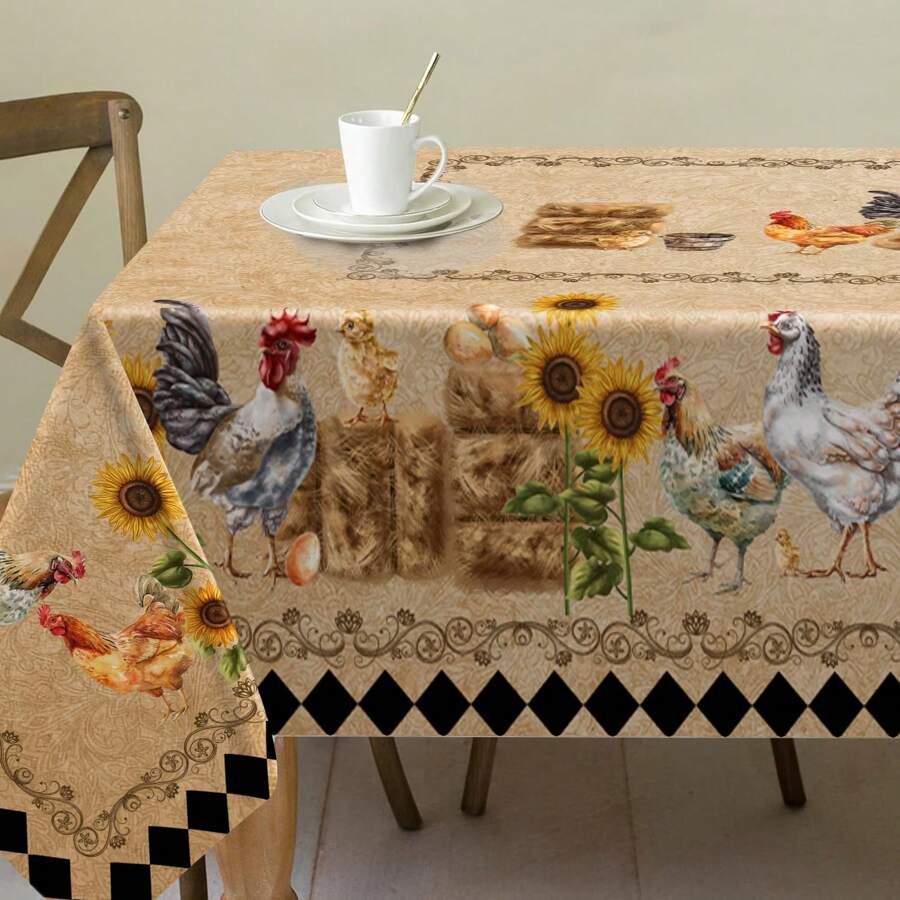 1pc Vintage Farm Theme Tablecloth With Rooster, Chicks, Sunflower Pattern In Rectangular Farmhouse Style, Suitable For Daily Use In Kitchen, Dining Room, Patio, Picnic, Garden, Indoor And Outdoor - Khaki - View 1