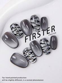 10 Stück handgemachte kurze ovale Kunstnägel, schwarz, Katzenaugen-Zebramuster Vollabdeckung wiederverwendbare Aufklebe-Nägel für Frauen, Reisen, Partys, Dates, Büroalltag, Festivitäten, Nagelbedarf