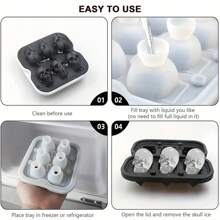 Molde de bola de hielo de calavera de silicona 3D, bandejas de cubos de hielo flexibles, bandejas de hielo libres de BPA para congelador, fabricante de bolas de hielo de cóctel de cabeza de calavera de horror - 6 cuadrículas - Ver 4