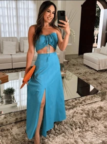 Striped Midi Set Midi Skirt And Cropped Top - Màu xanh lam - Xem 2