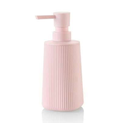 1 pieza Dispensador de jabón líquido rosa a rayas, botella de plástico redonda moderna para lavado de manos en el baño y líquido lavavajillas en la cocina, decoración del hogar y del baño, decoración de otoño, de vuelta a la escuela