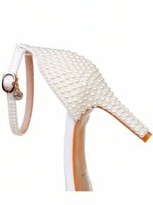 8厘米象牙色珍珠宴会凉鞋，春夏时尚铆钉露趾高跟系带凉鞋，适合新娘、婚礼、周年纪念、情人节、毕业典礼、舞台、女士超高跟凉鞋、派对 - Beige 8cm Heel - 查看 5