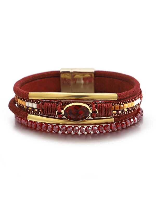 1pc Women's Mother's Day Gift Crystal Copper Tube Zirconia Red Leather Bracelet