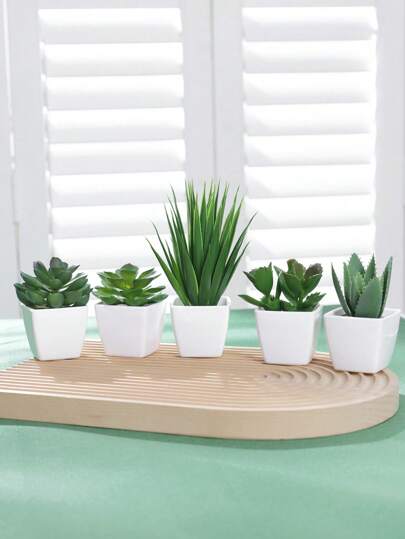 1 قطعة/5 قطع نباتات اصطناعية مصغرة في أصص بيضاء، نباتات مزيفة مزخرفة في أصص بلاستيكية خضراء للديكور المنزلي والمكتبي والحمام والغرفة