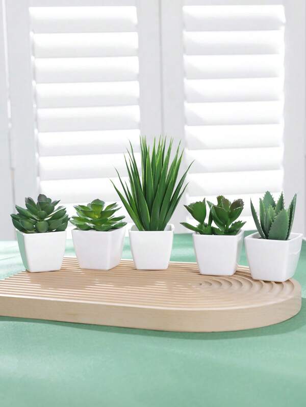 Set de 5 plantas de plástico en miniatura con macetas blancas, plantas artificiales con macetas para decoración del hogar, oficina, baño, dormitorio, como regalo de cumpleaños o graduación
