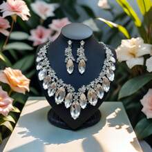 1套女士陳述裝飾項鍊及耳環套裝,多巴胺色短粗頸鏈水晶雞尾酒婚禮項鍊 - 藍色 - 查看 2