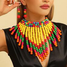 Handmade Multi-Layer Beaded Necklace And Earring Set, Boho Style, For Party, Wedding, Vacation, European And Korean Fashion