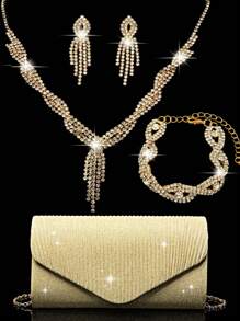 Ensemble de bijoux en strass pour femmes, ensemble de bijoux étincelant comprenant un collier, des boucles d'oreilles, un bracelet en or scintillant. Sac enveloppe pliant en V scintillant, portefeuille scintillant, sac à main élégant pour banquet, sac à main pour bal de promo pour femmes, sac à bandoulière en métal pour mariage et soirée, nouveau sac de soirée pour banquet