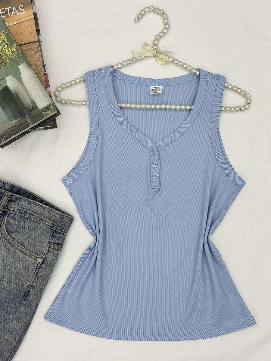 regata algodão com  3 botões - Azul - Visão 1